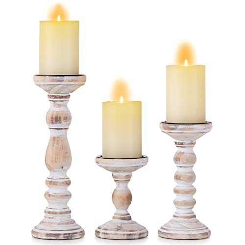 Candle Holder for Pillar Candles Romadedi Set of 3 Decorative Wood Candlestick Holders Rustic Wooden Candle Stand for Fireplace Mantle End Table Shelf in Farmhouse Style Whitewashed 6 83 12