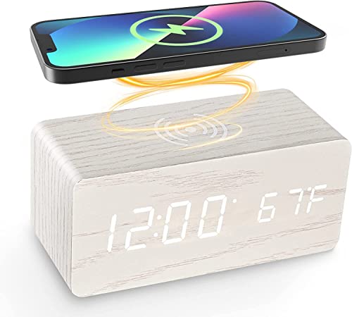 Medxin Wooden Digital Alarm Clock Alarm Clock with Wireless Charging 3 Alarm Settings Auto Dimmer Sound Control Mode Temperature and Date Display for Office Travel Bedroom Alarm Clock (White)