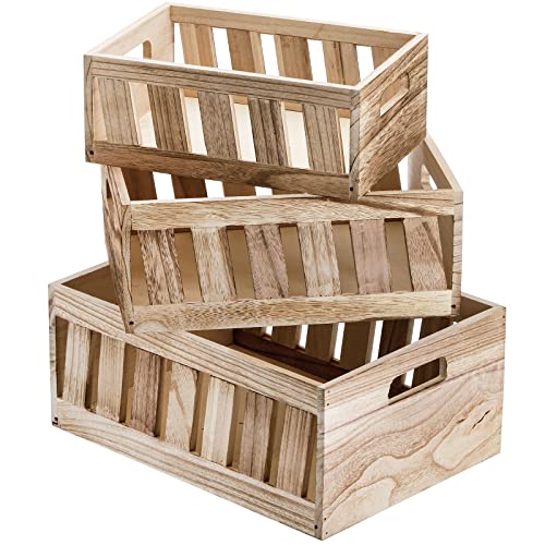 Nicunom Set of 3 Rustic Wood Nesting Storage Creats Nature Distressed Decorative Wooden Crates Storage Container with Handle Farmhouse Style Wood Boxes for Storage Decoration Display