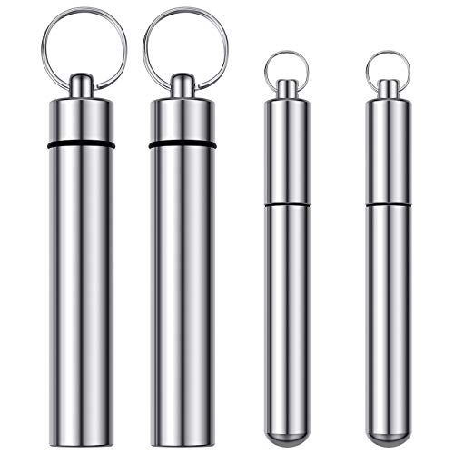4 Pieces 2 Sizes Metal Portable Toothpick Holder aluminum alloy Pocket Toothpick Holder Aluminum Waterproof Case Toothpick Container with Keychain for Outdoor Picnic and Camping (Silver)