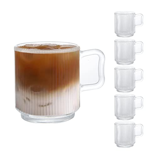 6 PACK 12 OZ DESIGN•MASTER Premium Glass Coffee Mugs with Handle Classic Vertical Stripes Tea CupTransparent Tea Glasses for HotCold Beverages Perfect Design for Americano Cappuccino Latte