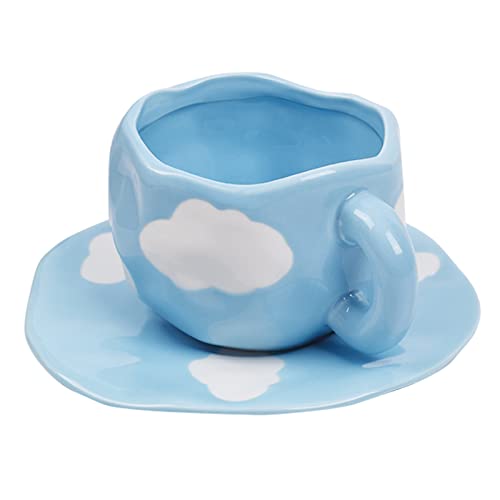 Koythin Ceramic Coffee Mug with Saucer Set Cute Creative Cup Unique Irregular Design for Office and Home Dishwasher and Microwave Safe 12oz350ml for Latte Tea Milk (Blue Sky and White Clouds)