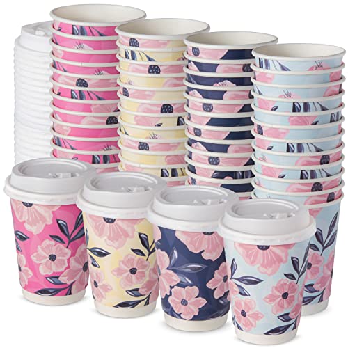 Royal Bluebonnet 48 Floral Disposable Coffee Cups with Lids  12 oz Double Walled Insulated Disposable To Go Coffee Cups with Lids Paper Coffee Cups To Go 4 Floral Designs of Cute to Go Coffee Cups