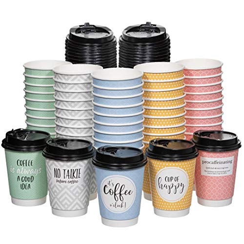 UBREW Disposable Coffee Cups With Lids  (Double Wall) 12 oz Coffee Cups To Go (50 pack) Paper Coffee Cups With Lids 5 Quotes and Designs  Recyclable EcoFriendly Hot Coffee Cups with Lids