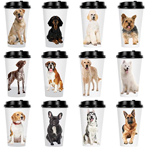 Youngever 72 Sets Disposable Coffee Cups with Lids To Go Hot Coffee Cups Durable Paper Cups with Lids Dog Puppy Theme Design