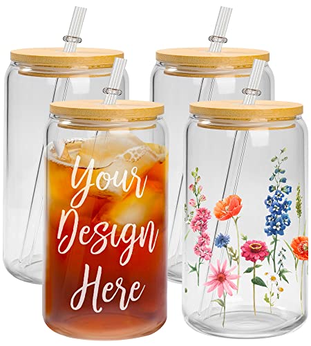 4Pack Sublimation Beer Can Glass with Bamboo Lids and Straw 16OZ Blank Glass Iced Coffee Cups Tumbler Mugs for Juice Soda Cocktail