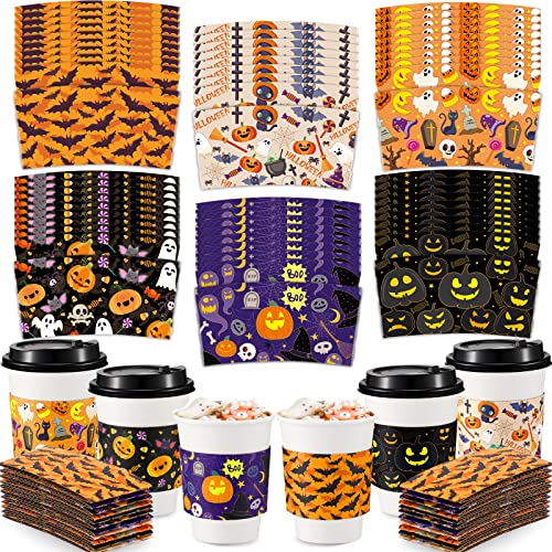 Halloween Coffee Cups Sleeves Tea Coffee Hot Cocoa Disposable Cup Sleeves for 12oz 16oz Hot Drinks or Cold Beverage Halloween Cute Style Cartoon Pumpkin Ghost Bat 6 Designs Only Sleeves (60 Pack)