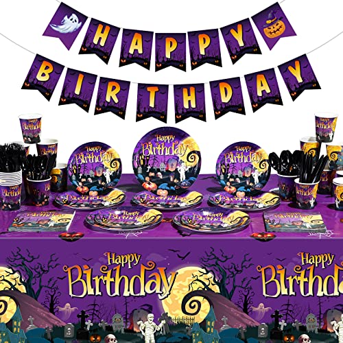 Happy Birthday Halloween Party Supplies Tableware Set Includes Halloween Birthday Disposable Paper Plates Napkins Cups Banner Tablecloth for Kids Boy Girl Halloween Birthday Party Decorations Serve 25