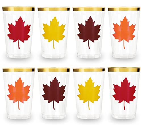 Whaline 32 Pack Fall Maple Leaf Cups 4 Designs 12 Oz Clear Plastic Cups with Gold Rimmed Plastic Fall Leaves Tumbler Cups for Autumn Thanksgiving Party Event Wedding Decorations Supplies