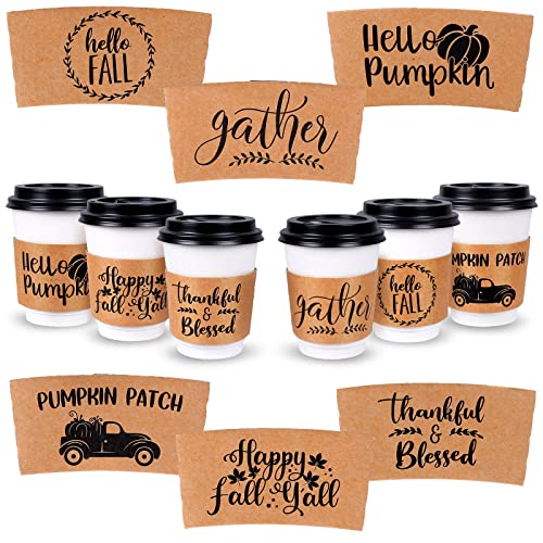 Whaline 36 Pack Fall Coffee Tea Cup Sleeves Thanksgiving Kraft Paper Sleeves for 12 and 16oz Paper Cup Disposable Corrugated Cup Paper Jacket for Hot Chocolate Cocoa or Cold Beverage 6 Design