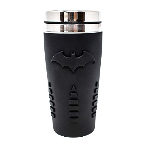 Paladone Batman Travel Mug with Silicone Grip Sleeve 15oz Insulated Stainless Steel Tumbler with Lid Officially Licensed DC Comics Coffee Mug