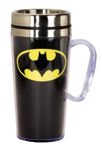 Spoontiques  Insulated Travel Mug  Batman Logo Coffee Cup  Coffee Lovers Gift  Funny Coffee Mug  15 oz  Black