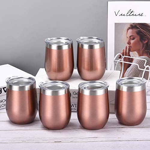 6 Pack 12Oz Stainless Steel Stemless Wine Tumbler Wine Glasses Set with Lid Set of 6 for Coffee Wine for Men Women or Family Party Use (Rose Gold)