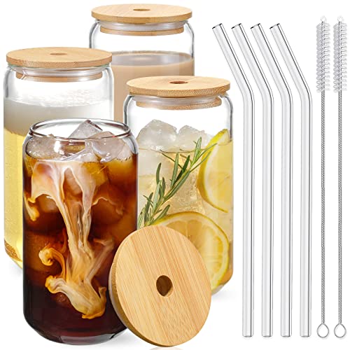 Drinking Glasses with Bamboo Lids and Glass Straw 4pcs Set  16oz Can Shaped Glass Cups Beer Glasses Iced Coffee Glasses Cute Tumbler Cup Ideal for Cocktail Whiskey Gift  2 Cleaning Brushes