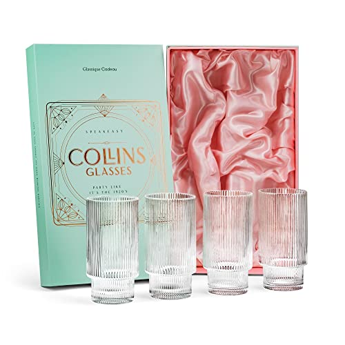 Vintage Art Deco Highball Ribbed Cocktail Glasses  Set of 4  14 oz Crystal Collins Glassware for Drinking Mojito Tom Collins Classic Hi Ball Bar Drinks  Skinny Tall Barware Tumblers