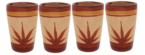 ECONIA  Tequila Shot Glasses  Set of 4 Terracotta Mexican Shot Glasses  2 Oz  Natural Clay  Barro  Agave design  Handcrafted Handpainted  Unglazed Clay (Agave)