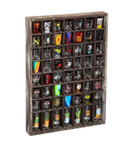 J JACKCUBE DESIGN  Rustic Wood Shot Glasses Display Case 56 Compartments Wall Mount Pint glass Shadow box Bar Cabinet Collection Freestanding  MK524A