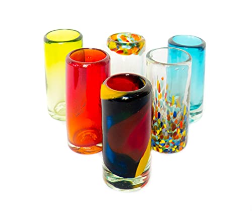 Mexican Tequila Shot Glasses  Set of 6 Large Shot Glasses Pretty Novelty Design Multicolor Recycled Glassware Set Unique Artisan Crafted Dishwasher Safe Hand Blown 2 oz