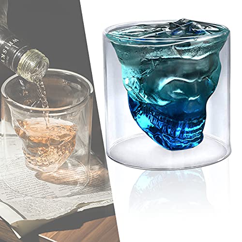 Rircio Double Layer Unique Transparent Design Skull Whiskey Glass Cup Funny Crystal Drinking Cup Shot Glasses Cool Beer Cup for Wine Cocktail Vodka Home Halloween Party Bar Cup Gift (6oz  180ML)