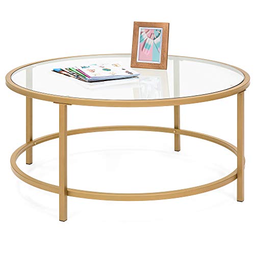 Best Choice Products 36in Modern Round Tempered Glass Accent Side Coffee Table for Living Room Dining Room Tea Home Décor wSatin Trim Metal Frame NonMarring Foot Caps  Bronze Gold