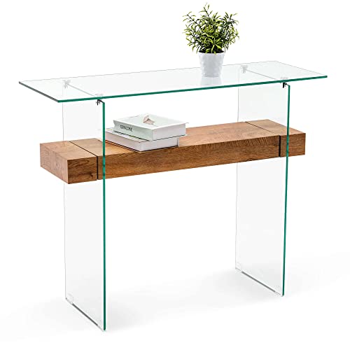 Ivinta Narrow Glass Console Table with Storage Modern Sofa Table Entryway Table Glass Writing Desk Small Computer Desk TV Table Buffet Table Modern Accent Table for Small Space Living Room Hallway