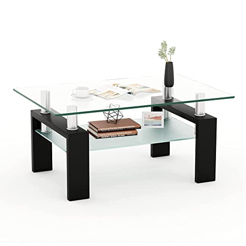 Rectangle Glass Coffee Table Glass Coffee Table for Living Room 2Tier Modern Glass Top Coffee Table with Metal Leg(Black)