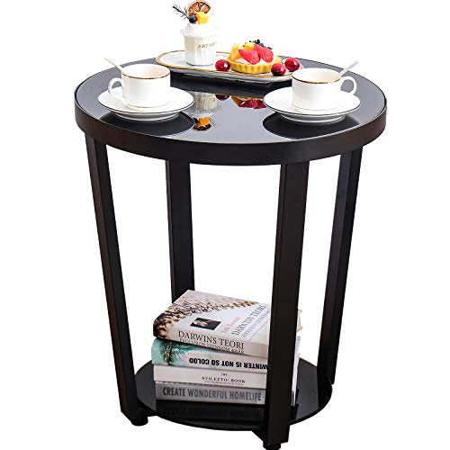 Round End Table Tempered Glass End Table with Metal Frame Small Side Table Black Coffee Accent Table for Living Room Balcony Bedroom