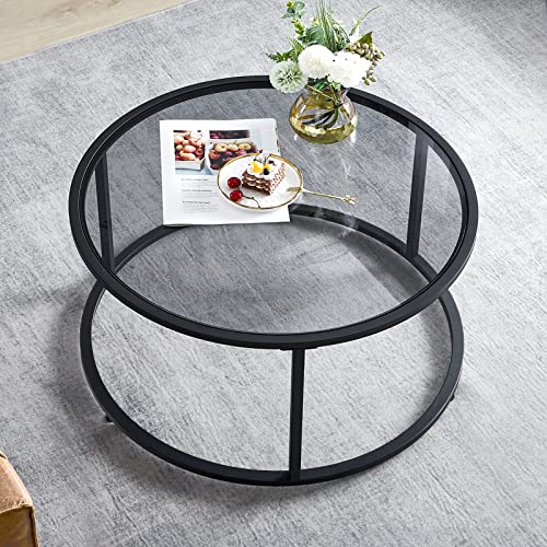 SAYGOER Round Coffee Table Glass Coffee Tables for Small Space Simple Modern Center Table for Living Room Home Office Sofa Side Table with Metal Steel Frame Easy Assembly Gray Black