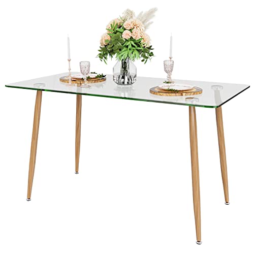 Tangkula Glass Dining Table Modern Rectangular Table with Spacious Tempered Glass Tabletop  Wood Grain Steel Legs Simplistic Kitchen Table 51 x 275 x 295 Inch Versatile Table for Home Office