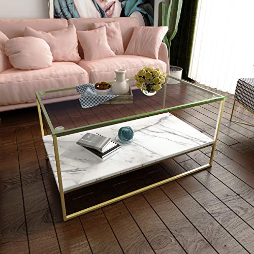 Tilly Lin Faux Marble Coffee Table Glass Top Coffee Table Cocktail Table with Gold Metal Legs