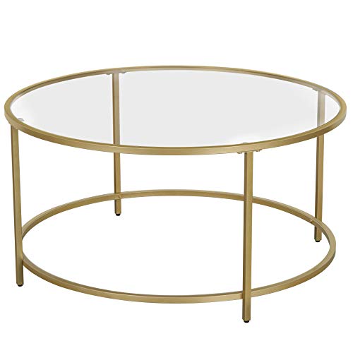 VASAGLE Round Coffee Table Glass Table with Golden Steel Frame Living Room Table Sofa Table Robust Tempered Glass Stable Decorative Gold ULGT21G