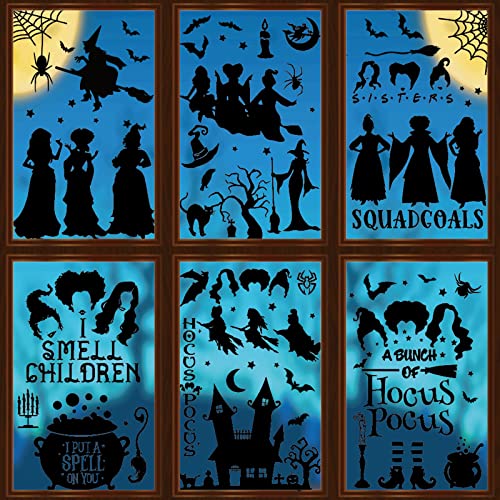 AnyDesign 9Pcs Halloween Window Clings Hocus Pocus Window Decals Black Witch Sister Spider Web Bat Pattern PVC Stickers for Halloween Party Home Office Window Mirror Glass Decoration 79 x 118
