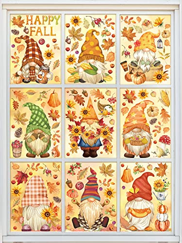 Whaline 9Pcs Fall Gnomes Window Decals Autumn Watercolor Style Gnomes Window Clings Fall Leaves Sunflowers Pumpkin PVC Stickers for Fall Harvest Party Home Window Glass Mirror Decor 79 x 118