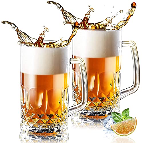 Momugs 32 Ounces Beer Stein Mugs  2 Pack Extra Large German Style Clear Tall Beer Glasses for Men  Heavy Duty Thick Glass With Handle