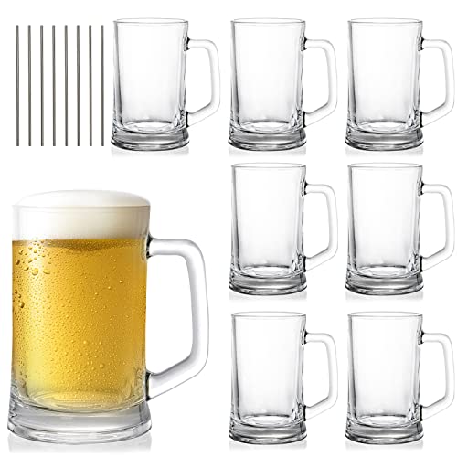 SOUJOY 8 Pack Beer Mug 12 Oz Beer Glass Stein with Handle and Straw for Men Clear LeadFree Freezer Bear Cup for Beer Milk Juice Bar Beverages