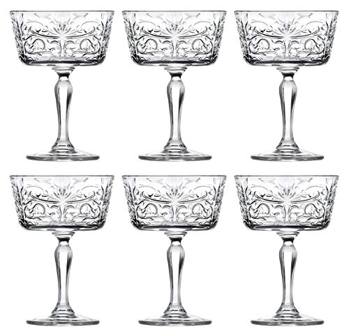 Champagne Glasses  Flute  Saucer  Belle Coupe  Set of 6 Glasses  Glass Crystal  Glass has Tattoo Design 9 oz  by Barski  Made in Europe