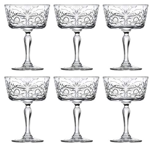 Champagne Glasses  Flute  Saucer  Belle Coupe  Set of 6 Glasses  Glass Crystal  Glass has Tattoo Design 9 oz  by Barski  Made in Europe