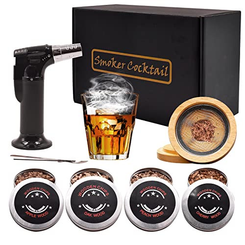 Cocktail Smoker Kit with 4 Flavor Oak Cherry Apple Hickory Wood Chips for Whiskey and Bourbon with Torch (Excludes Butane)  Whiskey Glass Cocktail Smoker Kit