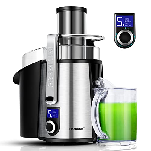 1000W 5SPEED LCD Screen Centrifugal Juicer Machines Vegetable and Fruit Healnitor Juice Extractor with Big Adjustable 3 Big Mouth Easy Clean BPAFree High Juice Yield Silver