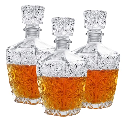 Cadamada Glasses Decanter26 oz Diamond Pattern Wine Bottle with LidDelicate Decanter Setfor Tequila Brandy Scotch and Vodka Gift Giving Bar and Party Decoration (3pcs)