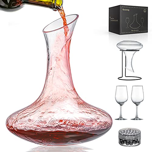 Gezzeny Wine Decanter 50 oz Crystal Decanter Set 15L Wine Carafe Red Wine Glass Decanter Set with Wine Accessories  Two Red Wine Glasses Cleaning Beads Drying Stand Wine Gifts for MenWomen