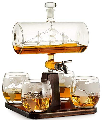 Whiskey  Wine Decanter with Antique Ship  The Wine Savant Ship Decanter Set with 4 Globe Glasses Drink Dispenser for Wine Whiskey Liquor Decanter Scotch Rum and Liquor or Spirits 1000ml  Gift