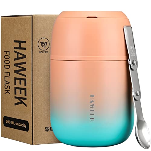 HAWEEK Insulated Food Container 17 oz Soup Thermos for Hot Food Adults Stainless Steel Vacuum Lunch Box with Folding Spoon Adult Thermos Portable with Handle for School Office Outdoor