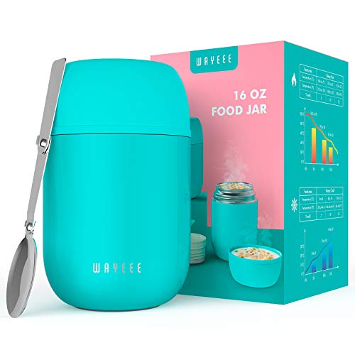 Insulated Food Jar WayEee Vacuum Bento Box Lunch Containers 16 oz for Kids Adults Stainless Steel Leak Proof Wide Mouth Food Soup Thermos with Spoon Keeps Food Hot Cold for School Travel Picnic Blue
