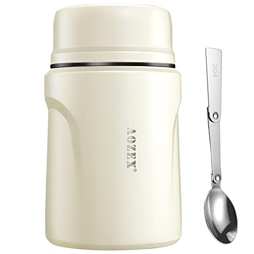 Thermos for Hot Food AOZEX 16 oz Vacuum Hot Food Thermos Kids Lunch Thermos with Spoon Leak Proof Small Thermal Soup Thermos Food Jar Insulated Food Container for Adults Cream Color