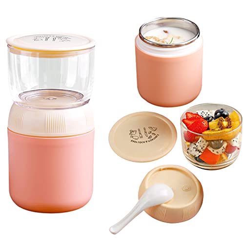 Xunyou Yogurt Container Overnight Oats Containers with Lids 2Tier Portable LeakProof Insulated Food Jar with Spoon Breakfast Milk Fruit Cereal Storage Jar For Kids Adults BPA Free (Pink)