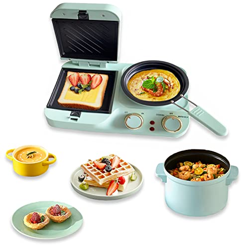 Breakfast Station 3 in 1 Breakfast Station Retro Household Breakfast Maker Electric Mini Toaster Bread Breakfast Sandwich Maker Breakfast Machine with Frying Pan Boiling Pot Food Steamer