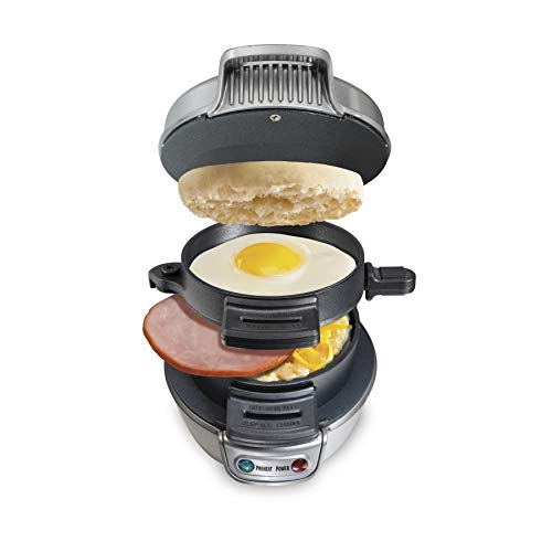 Hamilton Beach Breakfast Sandwich Maker with Egg Cooker Ring Customize Ingredients Perfect for English Muffins Croissants Mini Waffles Single Silver