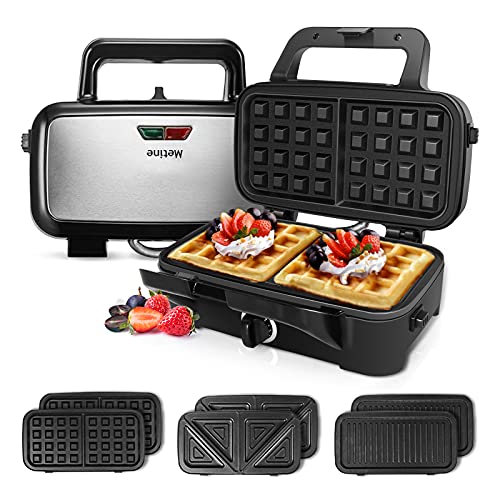 Metine Waffle Makers 3in1 Waffle Iron Panini Press Sandwich Maker with Removable Plates 5gears Temperature Control Non Stick Coating Cool Touch Handle Antiskid Feet for Breakfast 1200W 120V
