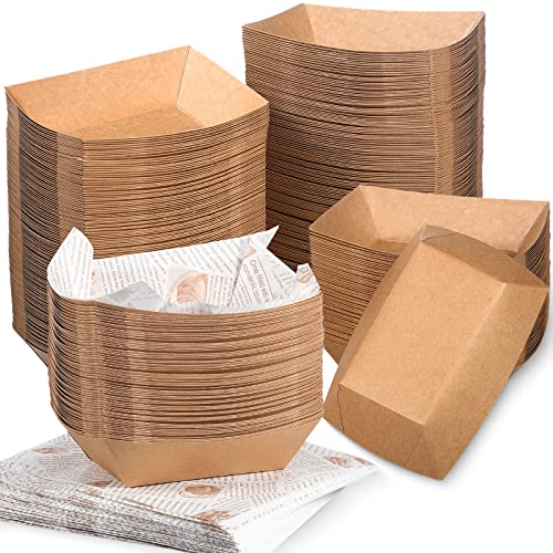 1000 Pieces Disposable Brown Paper Food Tray and Grease Proof Deli Liner Heavy Duty 2 lb Coated Paperboard Food Boats and Wax Paper Holds Nacho Taco Hot Dog and More for Picnics Carnivals Birthday